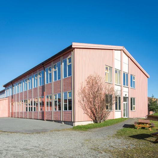 Lyst rosa skolebygg