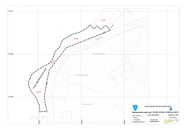 OPPSTART AV PLANARBEID: «MERKESNESET NAUST», I HEIM KOMMUNE I medhold av plan- og bygningslovens §§ 12-1, 12-8, varsles det om oppstart av privat reguleringsplan for området Merkesneset, i Heim kommune. Tiltakshaver er Merkesneset Naust as v/ Willy Merkesnes, Holten 10, 7200 Kyrksæterøra. Sørli arkitekter as er planutvikler. Planområdet gjelder eiendom gnr./bnr 101/45, 50 og 89 og gnr./ bnr. 165/10. Varslingskart viser hvilke eiendommer som blir berørt. Reguleringsplanen vil inneholde formålene: naustbebyggelse, friluftsområde på land, parkering og kjørevei. Naboer og grunneiere blir varslet direkte. Areal: ca. 6 daa. Planen er vurdert ifht. forskrift om konsekvensutredning, den skal ikke konsekvensutredes. Merknader som kan ha virkning for planarbeidet kan sendes elektronisk via e-post til post@sorliarkitekter.no eller Sørli arkitekter as, Øragata 12a, 7200 Kyrksæterøra, innen 15.08.22. Alle mottatte dokument blir sendt Heim kommune sammen med planforslaget. Nærmere informasjon om planarbeidet kan en få hos Sørli arkitekter as tlf. 72 45 10 60.