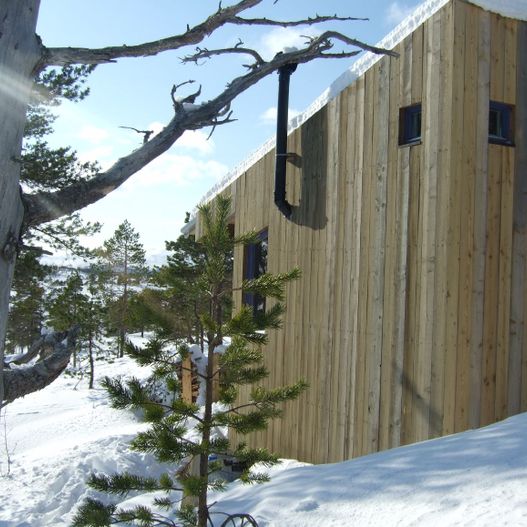 Trehytte i snøen