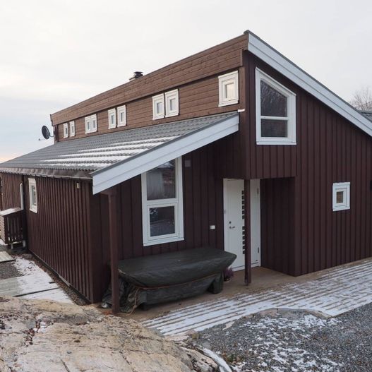Brun hytte med skråtak